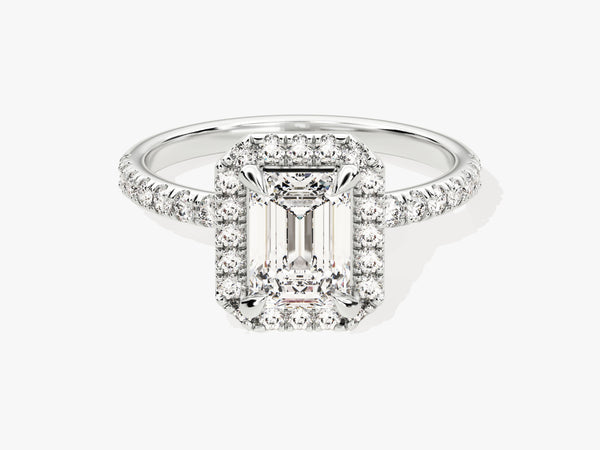 Emerald Halo Moissanite Engagement Ring with Pave Set Side Stones (1.00 CT)