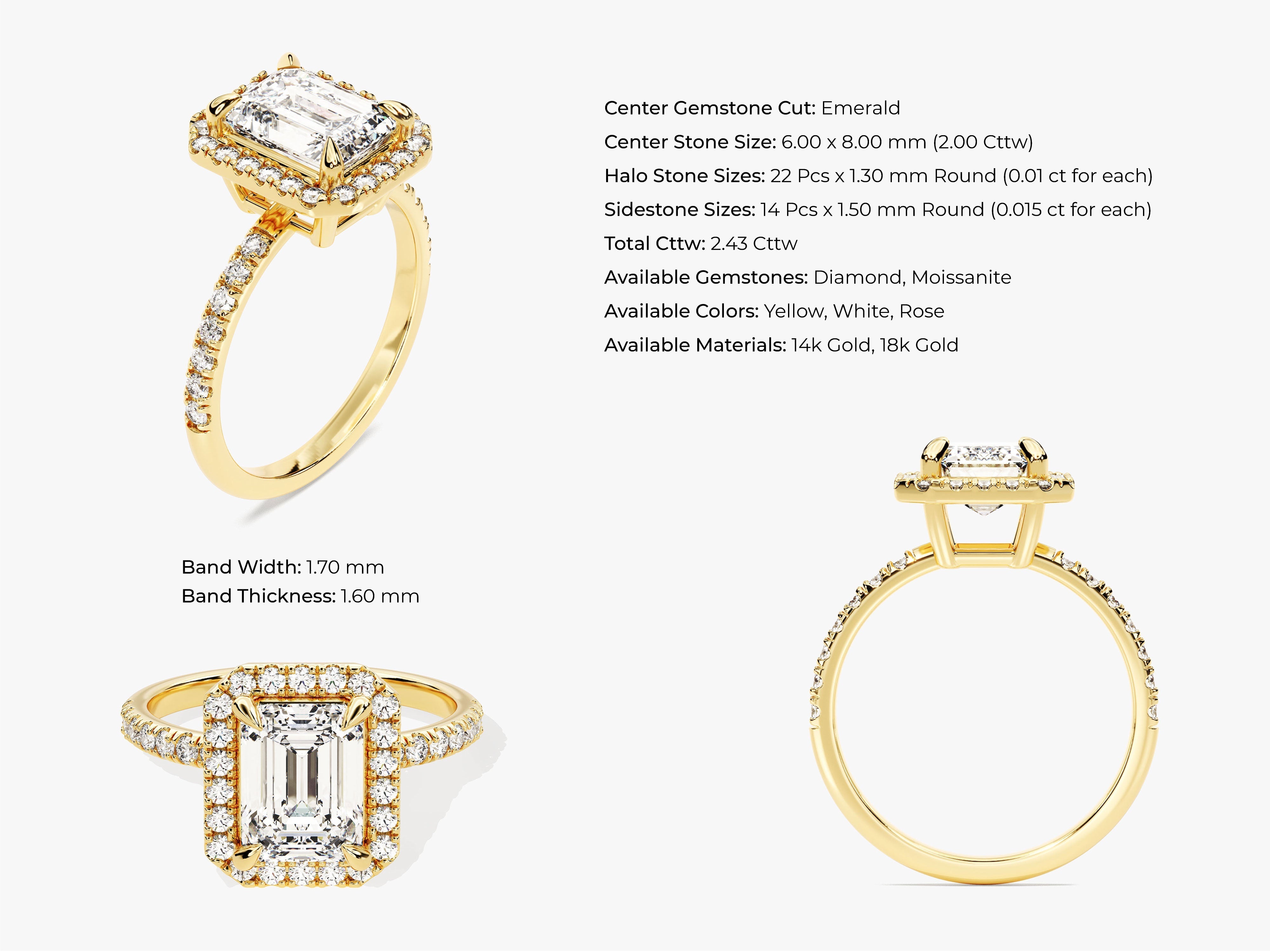 Emerald Halo Diamond Engagement Ring with Pave Set Side Stones (2.00 CT)