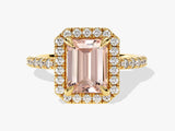 Emerald Cut Peach Morganite Halo Engagement Ring with Sidestones