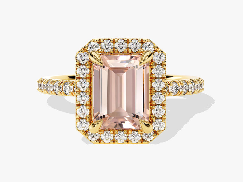 Emerald Cut Peach Morganite Halo Engagement Ring with Sidestones