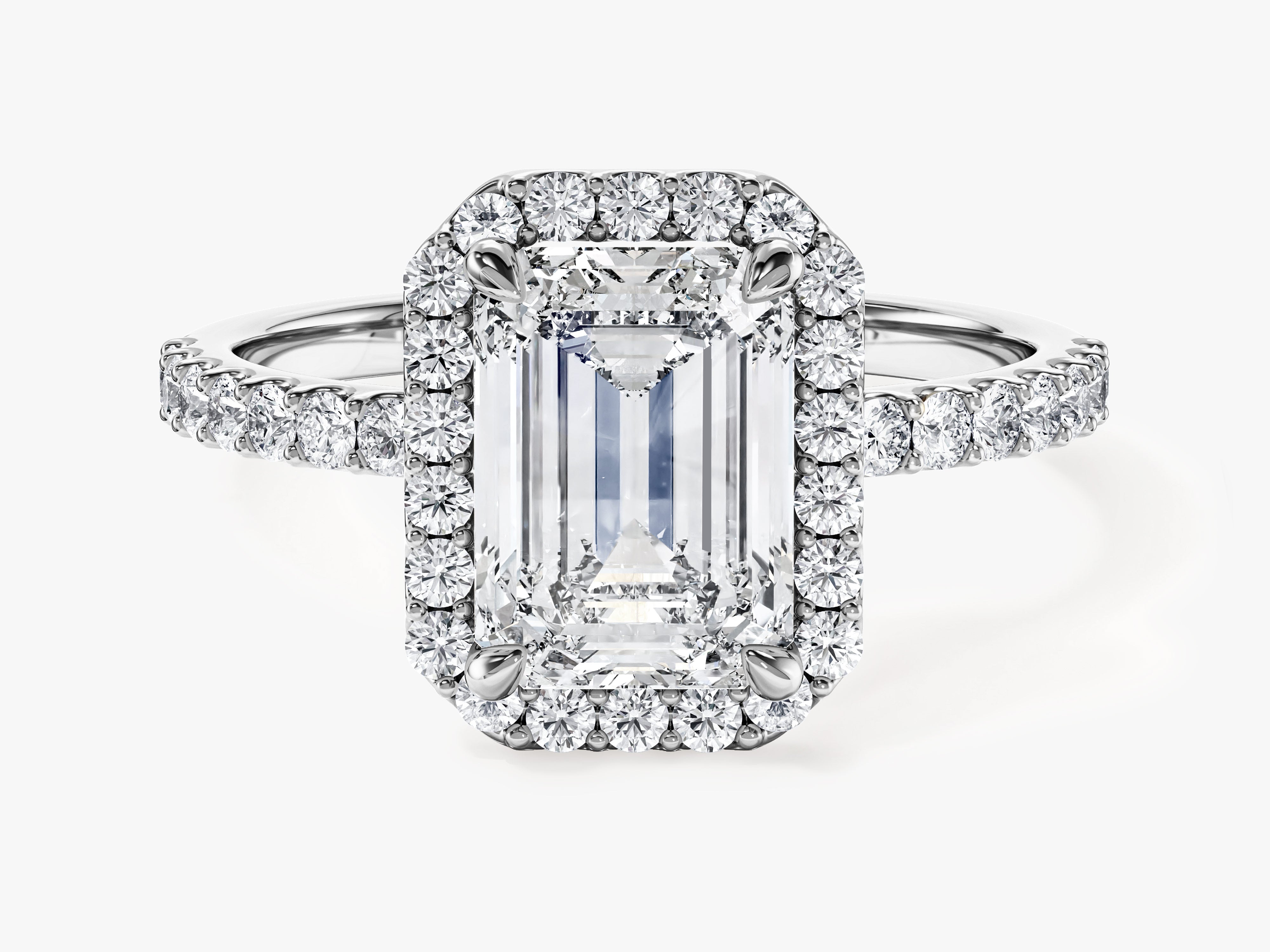 Emerald Halo Moissanite Engagement Ring with Pave Set Side Stones (2.00 CT)