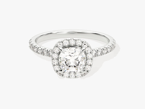 Cushion Halo Moissanite Engagement Ring with Pave Set Side Stones (1.00 CT)
