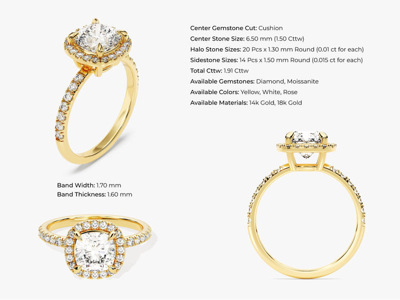 Cushion Halo Diamond Engagement Ring with Pave Set Side Stones (1.50 CT)