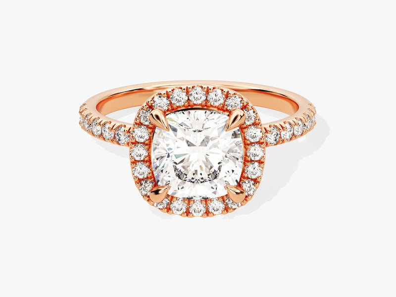 Cushion Halo Moissanite Engagement Ring with Pave Set Side Stones (2.00 CT)