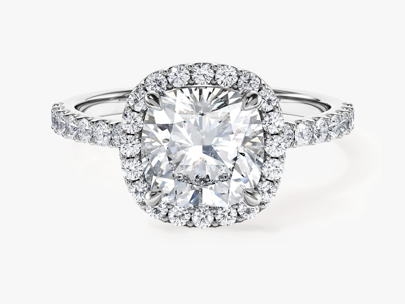 Cushion Halo Moissanite Engagement Ring with Pave Set Side Stones (2.00 CT)