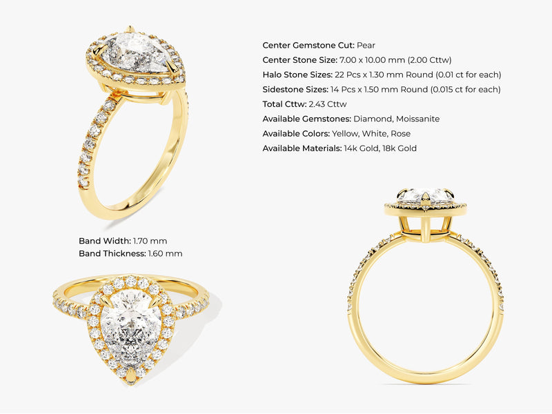 Pear Halo Diamond Engagement Ring with Pave Set Side Stones (2.00 CT)