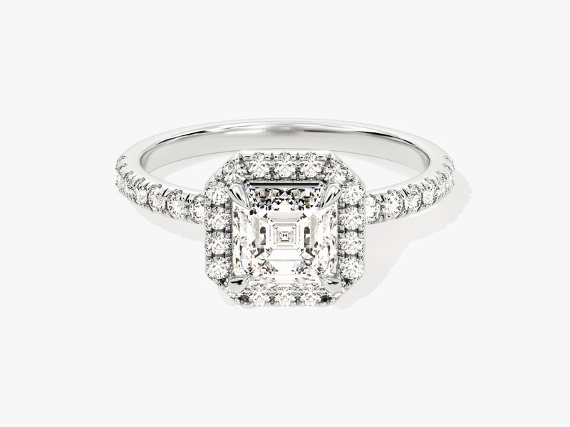 Asscher Halo Moissanite Engagement Ring with Pave Set Side Stones (1.00 CT)