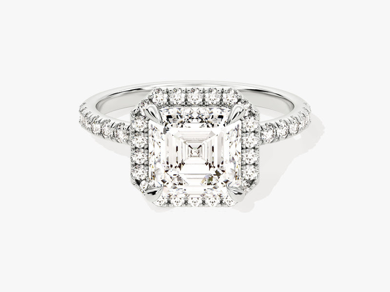 Asscher Halo Moissanite Engagement Ring with Pave Set Side Stones (2.00 CT)