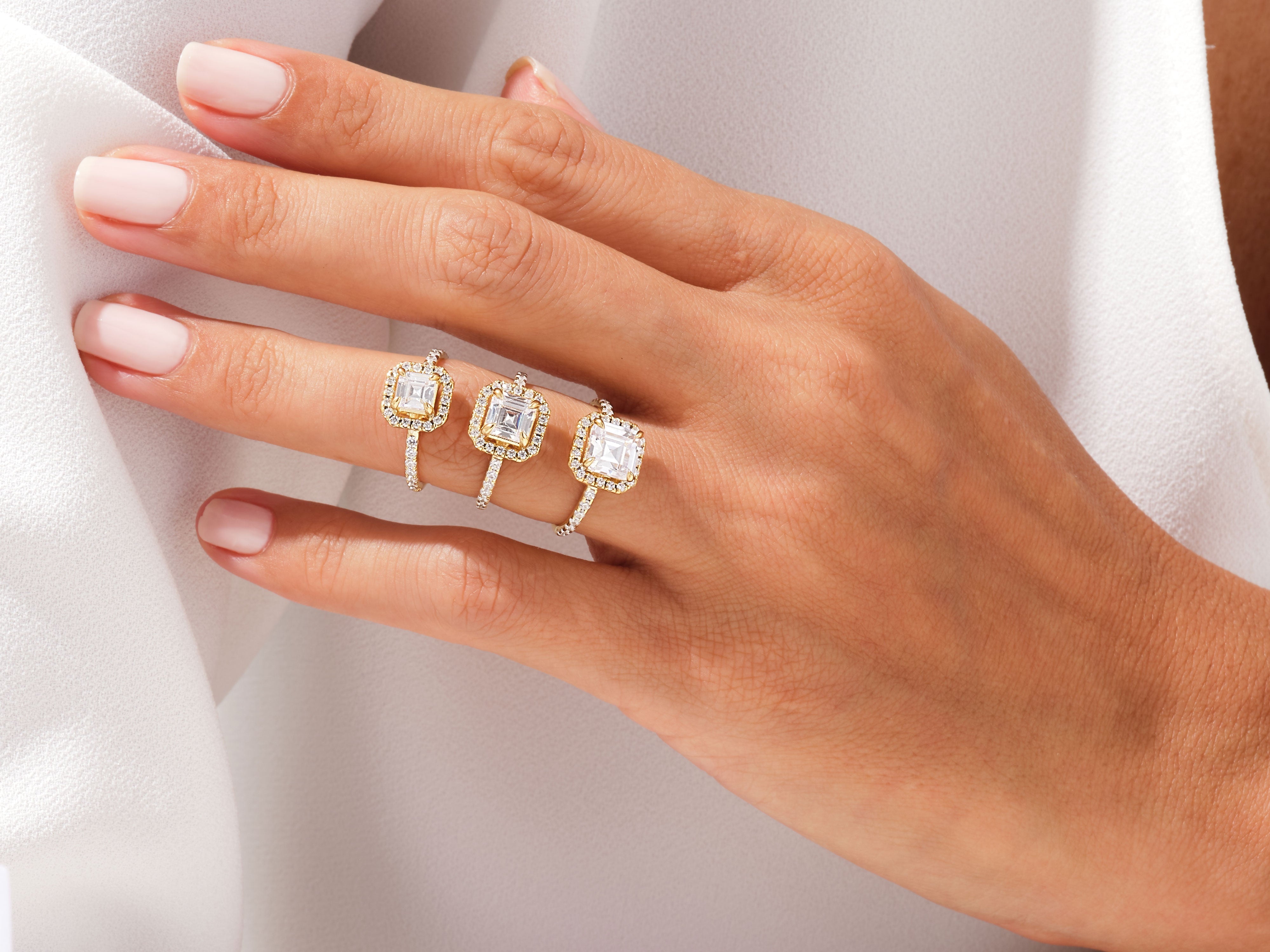 Asscher Halo Moissanite Engagement Ring with Pave Set Side Stones (1.50 CT)