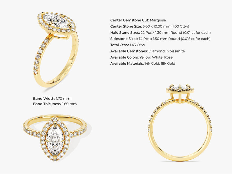 Marquise Halo Diamond Engagement Ring with Pave Set Side Stones (1.00 CT)