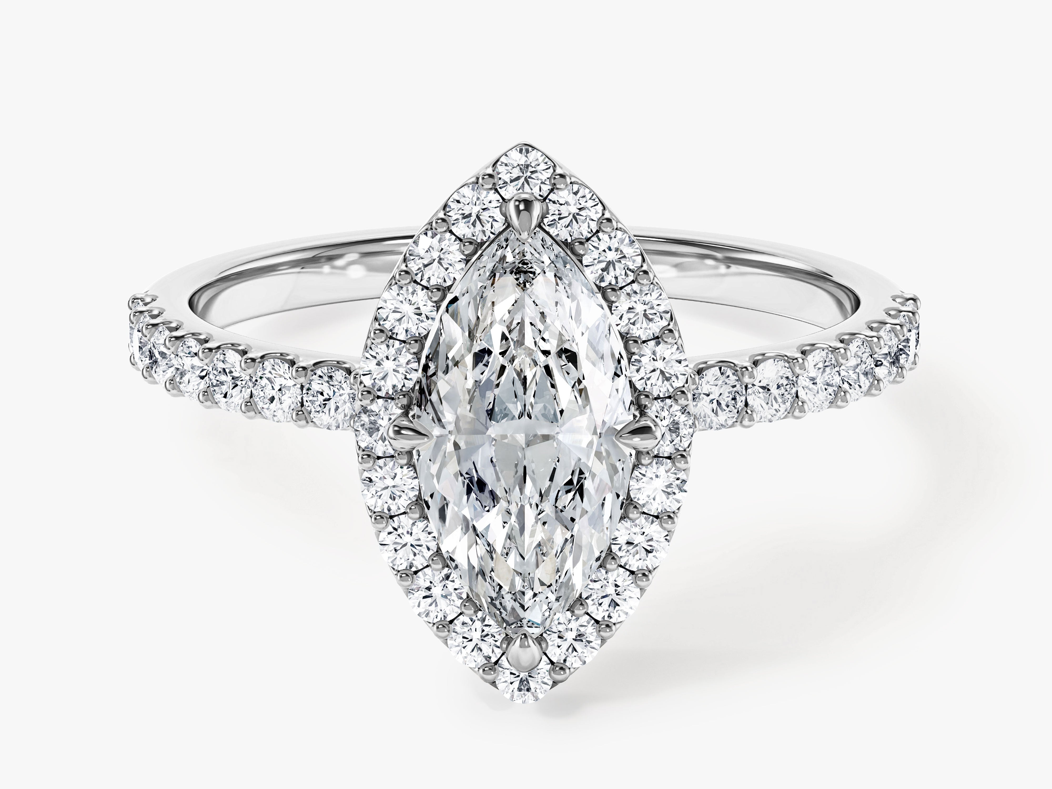 Marquise Halo Moissanite Engagement Ring with Pave Set Side Stones (1.00 CT)