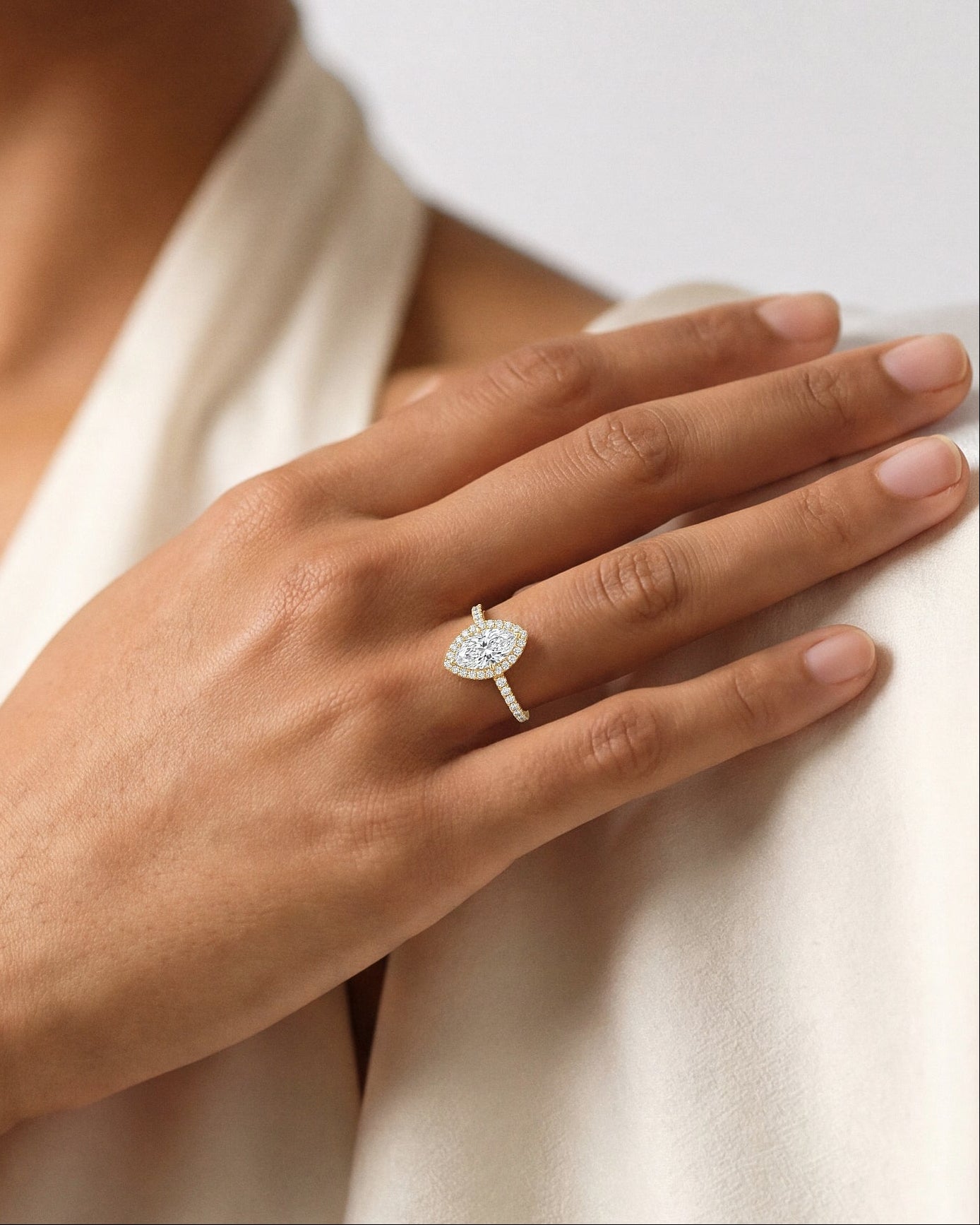 Marquise Halo Moissanite Engagement Ring with Pave Set Side Stones (1.50 CT)