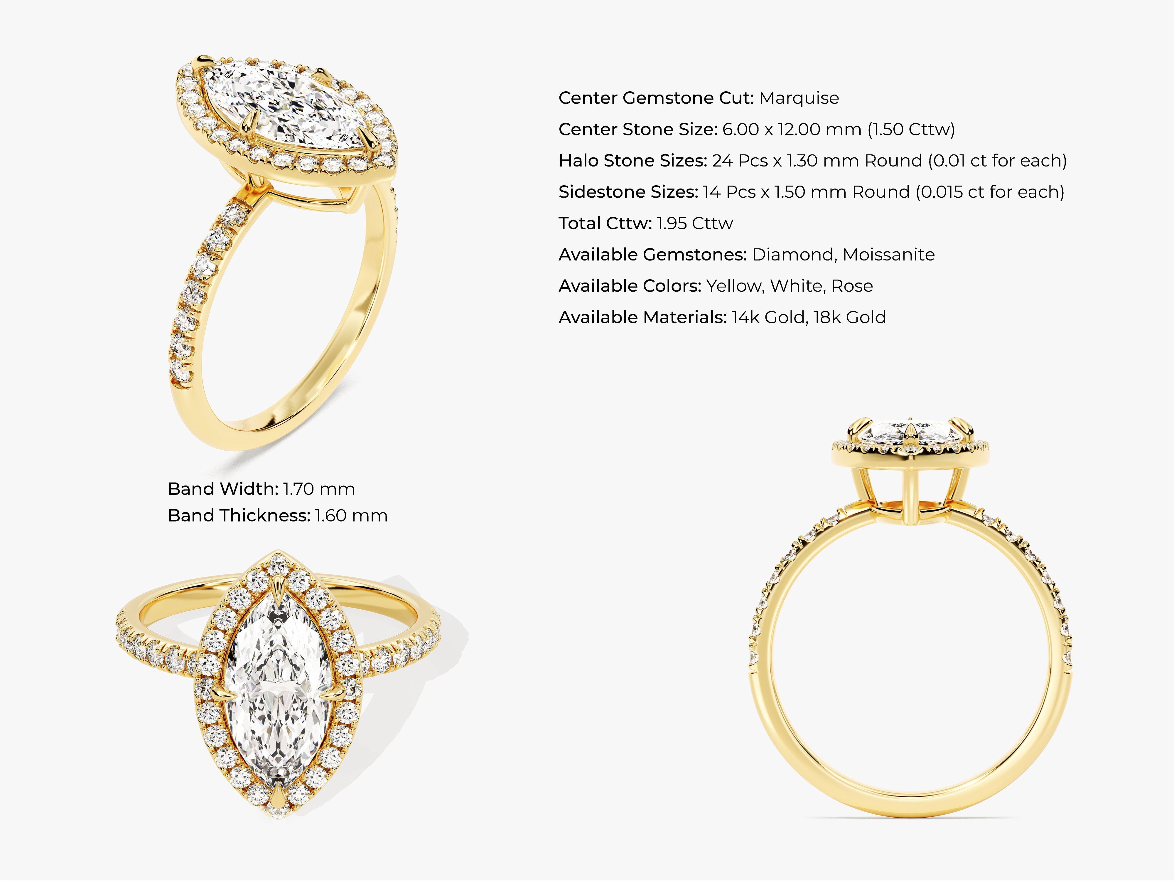 Marquise Halo Diamond Engagement Ring with Pave Set Side Stones (1.50 CT)