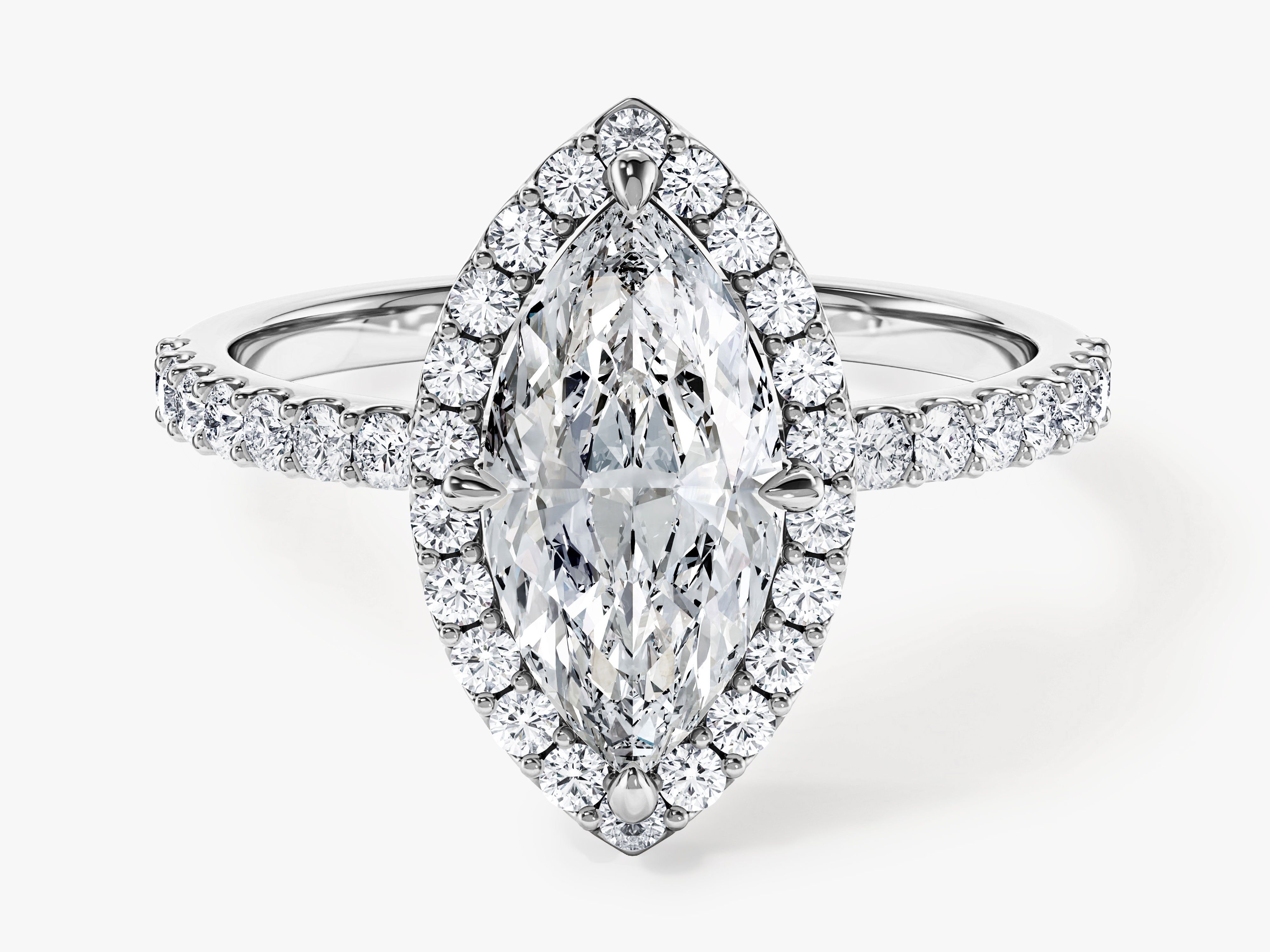 Marquise Halo Moissanite Engagement Ring with Pave Set Side Stones (1.50 CT)
