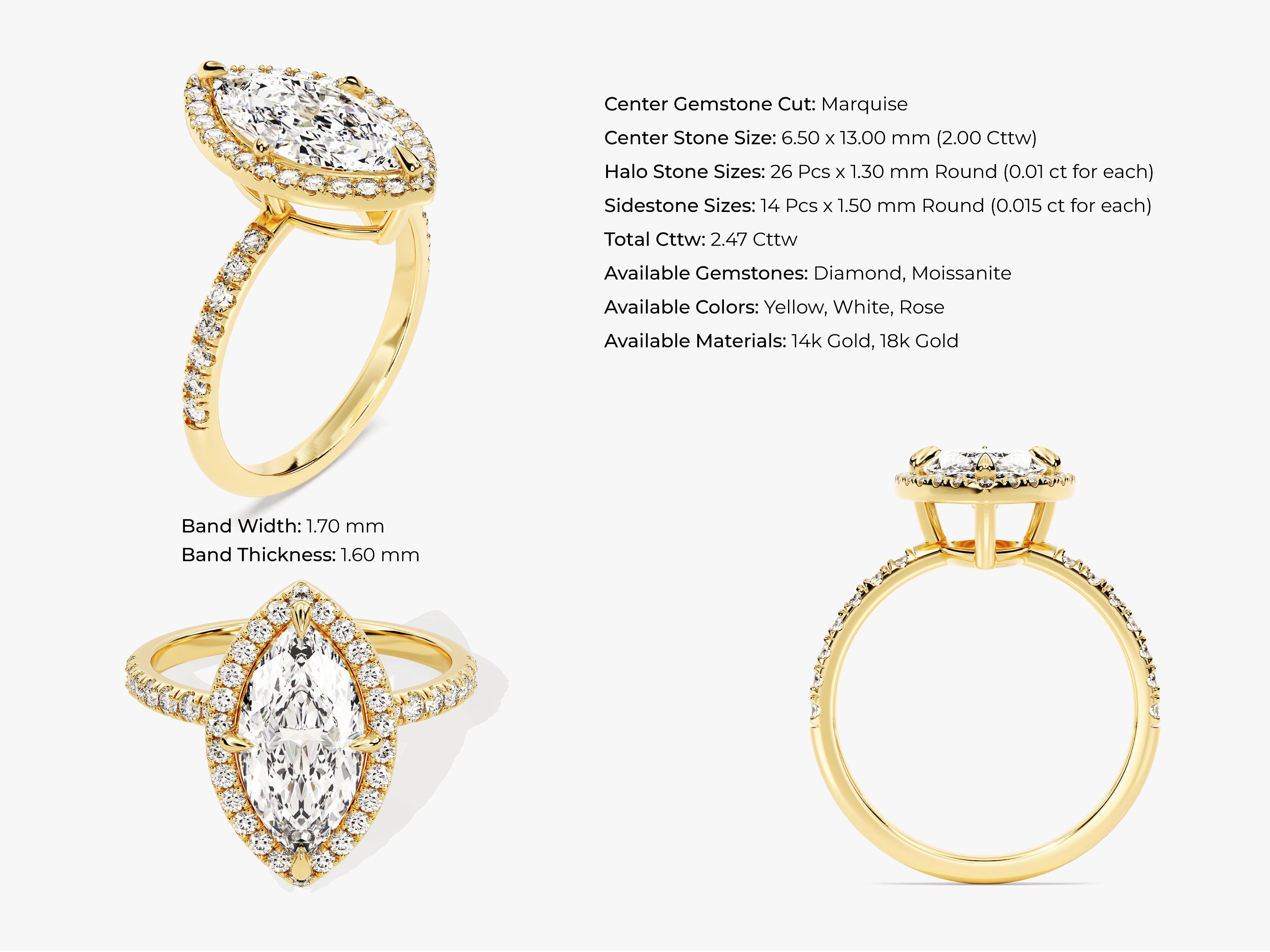 Marquise Halo Moissanite Engagement Ring with Pave Set Side Stones (2.00 CT)