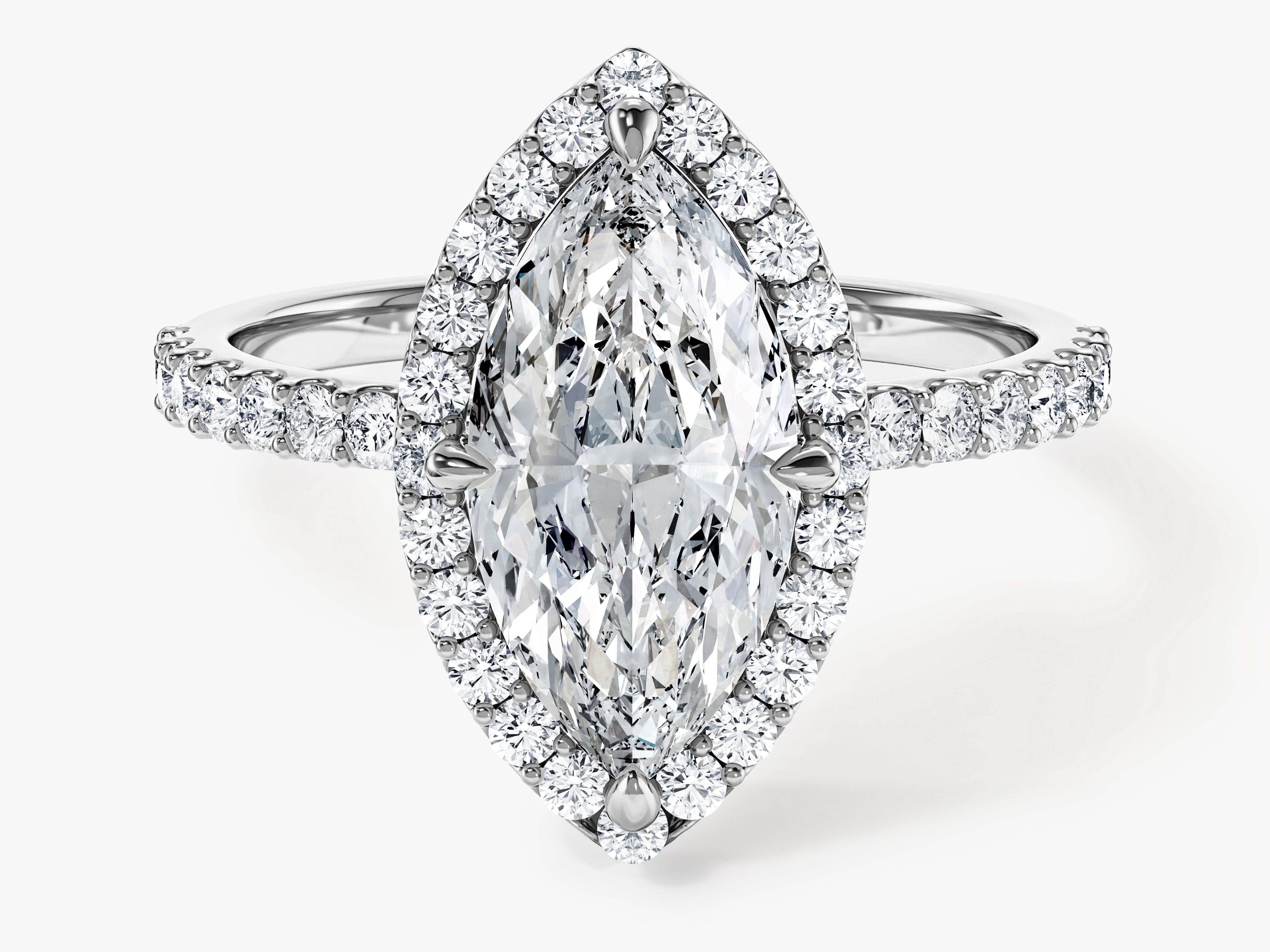 Marquise Halo Moissanite Engagement Ring with Pave Set Side Stones (2.00 CT)