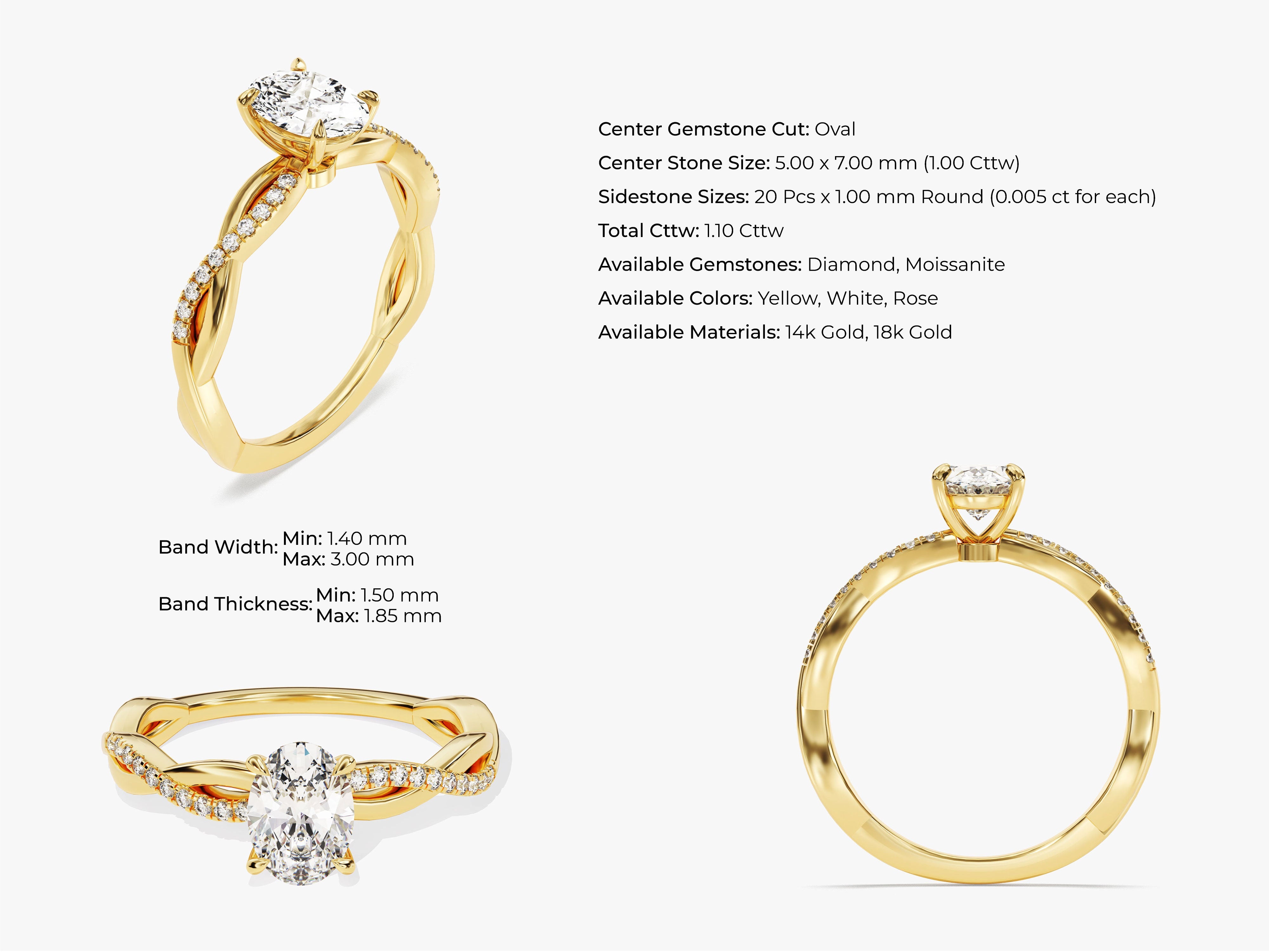 Oval Twisted Moissanite Engagement Ring with Pave Set Side Stones (1.00 CT)