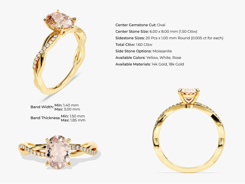 Twisted Oval Cut Peach Morganite Engagement Ring with Sidestones