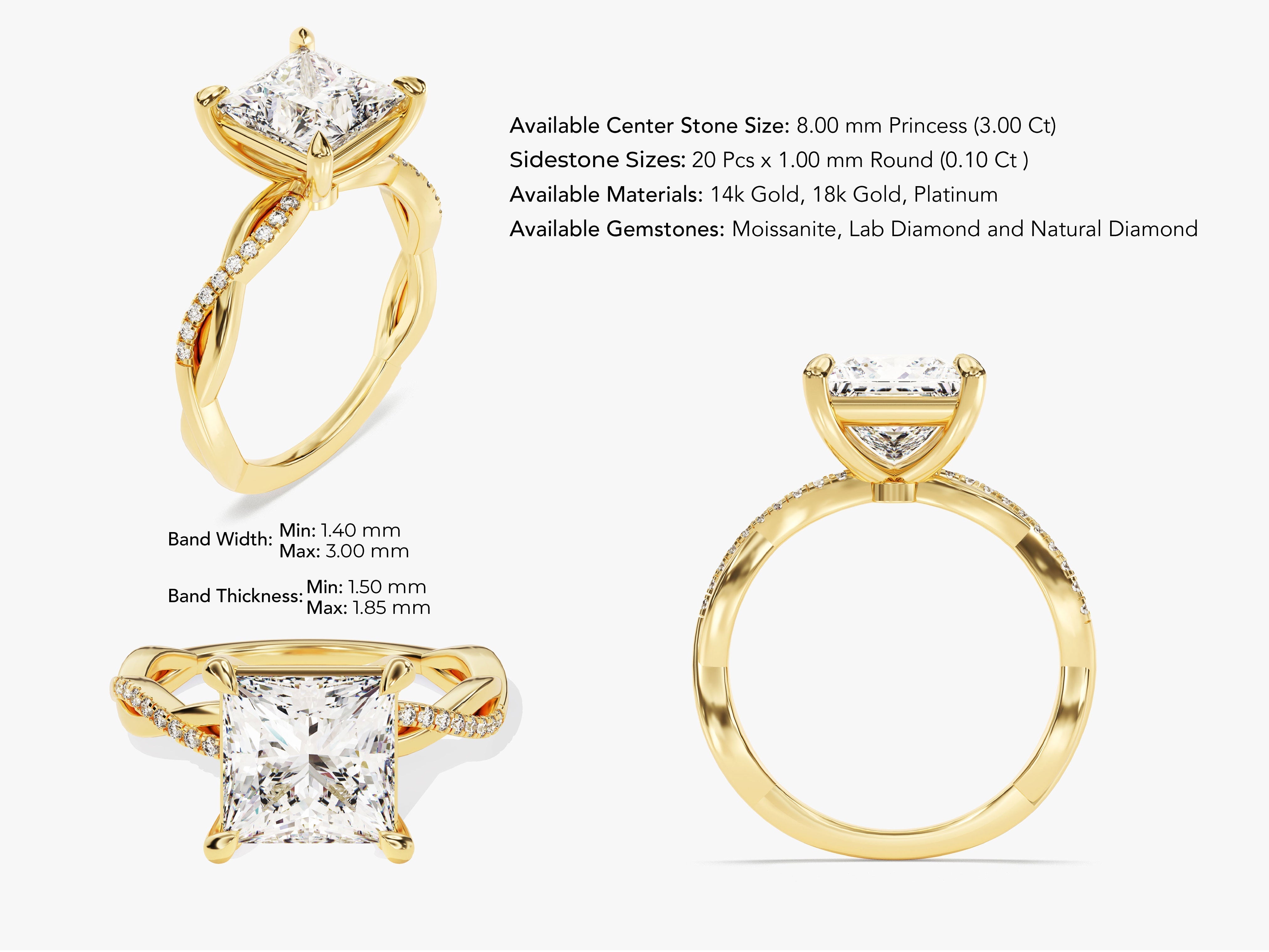 Princess Twisted Diamond Engagement Ring with Pave Set Side Stones (3.00 CT)