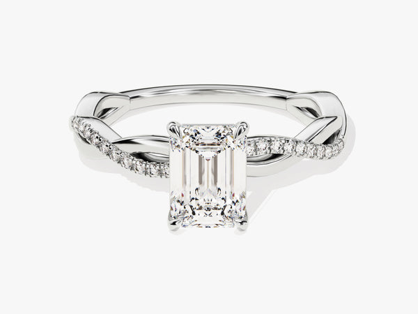 Emerald Twisted Moissanite Engagement Ring with Pave Set Side Stones (1.00 CT)