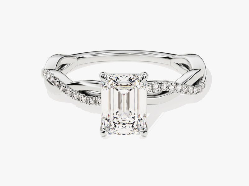 Emerald Twisted Moissanite Engagement Ring with Pave Set Side Stones (1.00 CT)