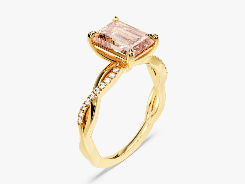 Twisted Emerald Cut Peach Morganite Engagement Ring with Sidestones