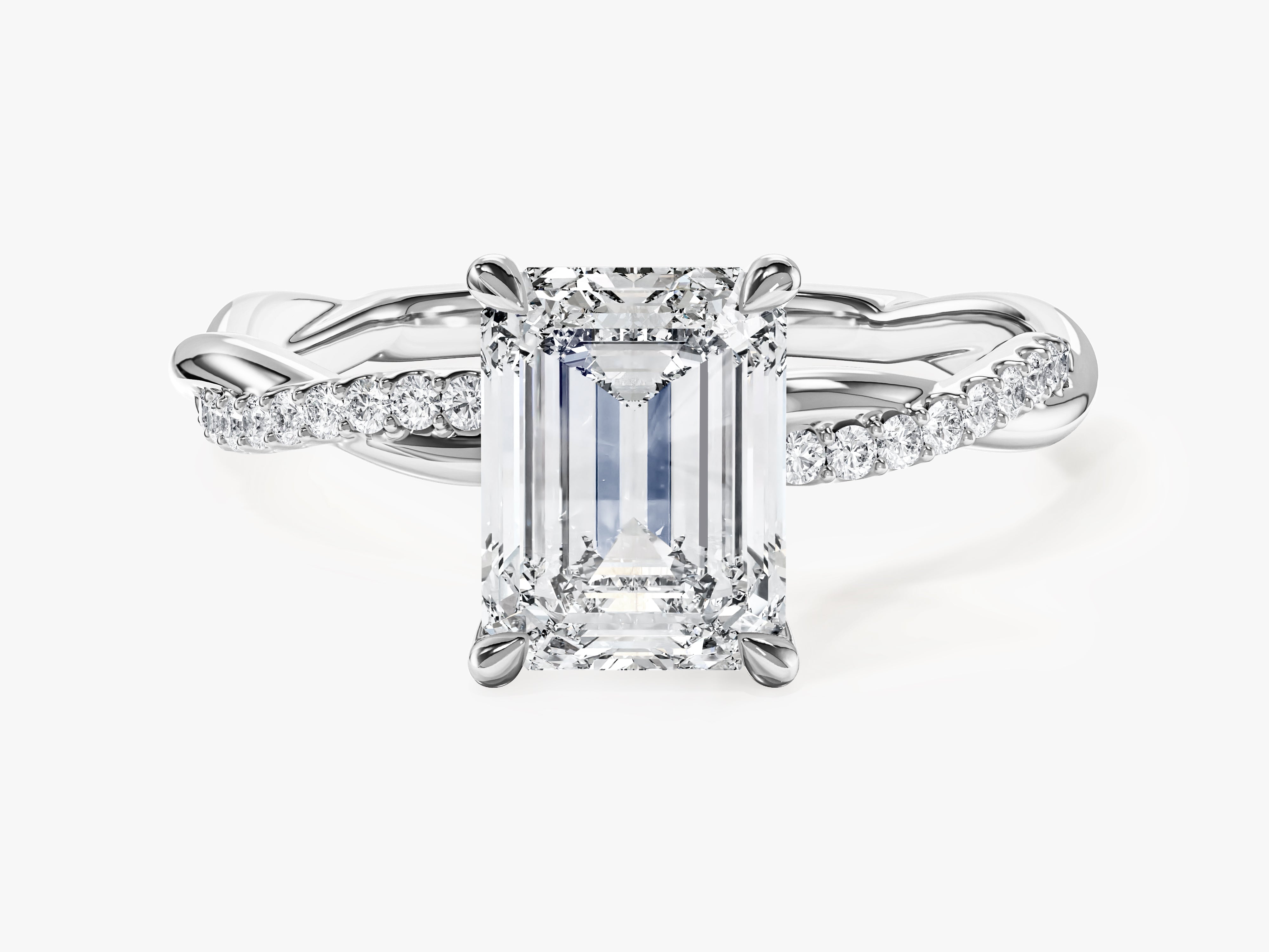 Emerald Twisted Moissanite Engagement Ring with Pave Set Side Stones (2.00 CT)