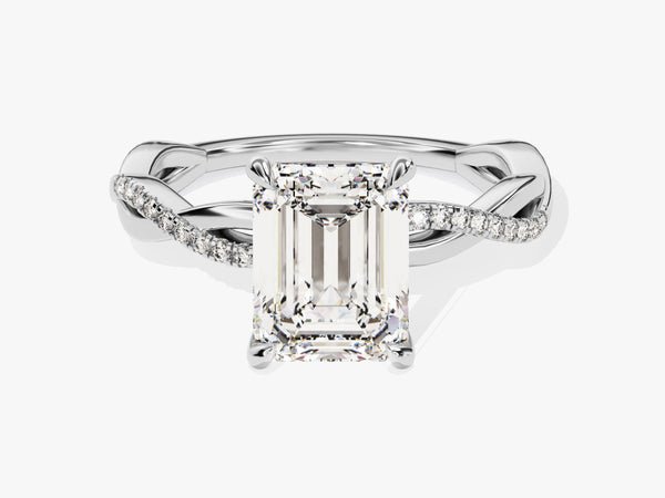 Emerald Twisted Moissanite Engagement Ring with Pave Set Side Stones (2.00 CT)