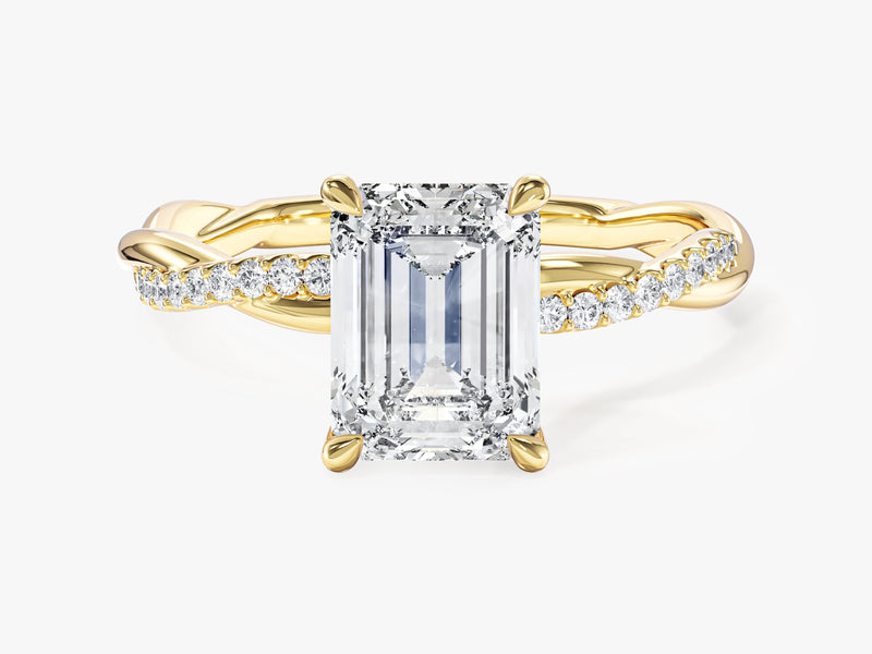 Emerald Twisted Moissanite Engagement Ring with Pave Set Side Stones (2.00 CT)