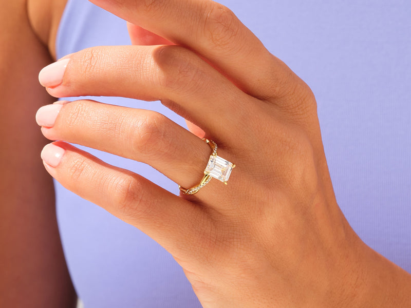 Emerald Twisted Moissanite Engagement Ring with Pave Set Side Stones (3.00 CT)