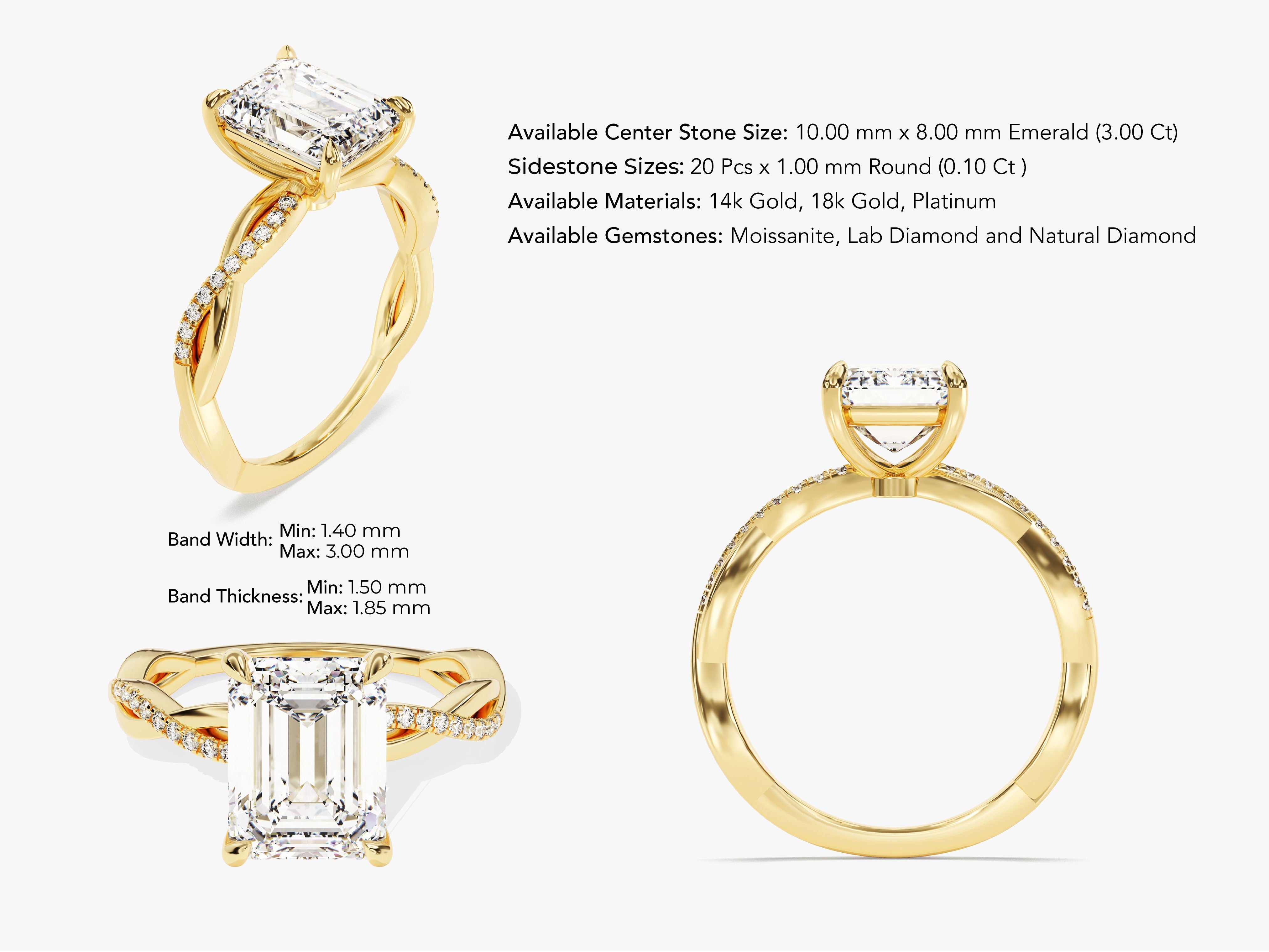 Emerald Twisted Lab Grown Diamond Engagement Ring with Pave Set Side Stones (3.00 CT)