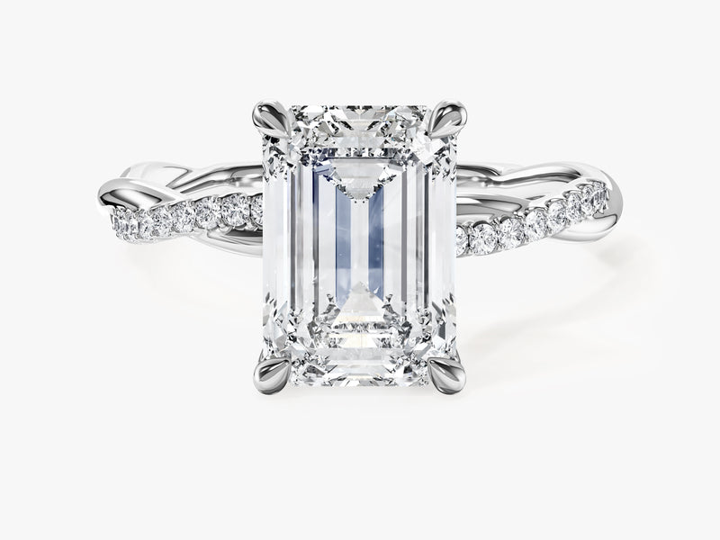 Emerald Twisted Moissanite Engagement Ring with Pave Set Side Stones (3.00 CT)