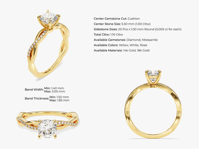 Cushion Twisted Lab Grown Diamond Engagement Ring with Pave Set Side Stones (1.00 CT)