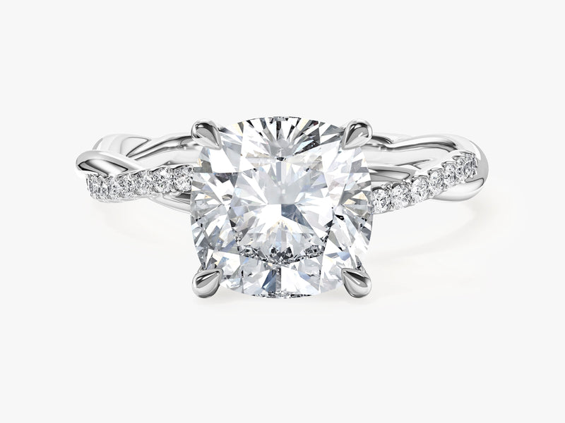 Cushion Twisted Moissanite Engagement Ring with Pave Set Side Stones (3.00 CT)