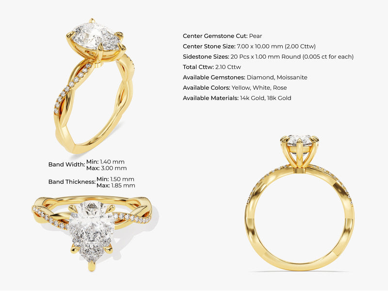 Pear Twisted Diamond Engagement Ring with Pave Set Side Stones (2.00 CT)