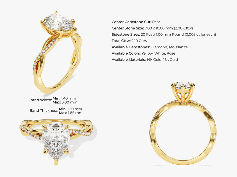 Pear Twisted Moissanite Engagement Ring with Pave Set Side Stones (2.00 CT)