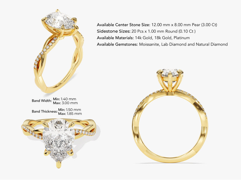 Pear Twisted Diamond Engagement Ring with Pave Set Side Stones (3.00 CT)