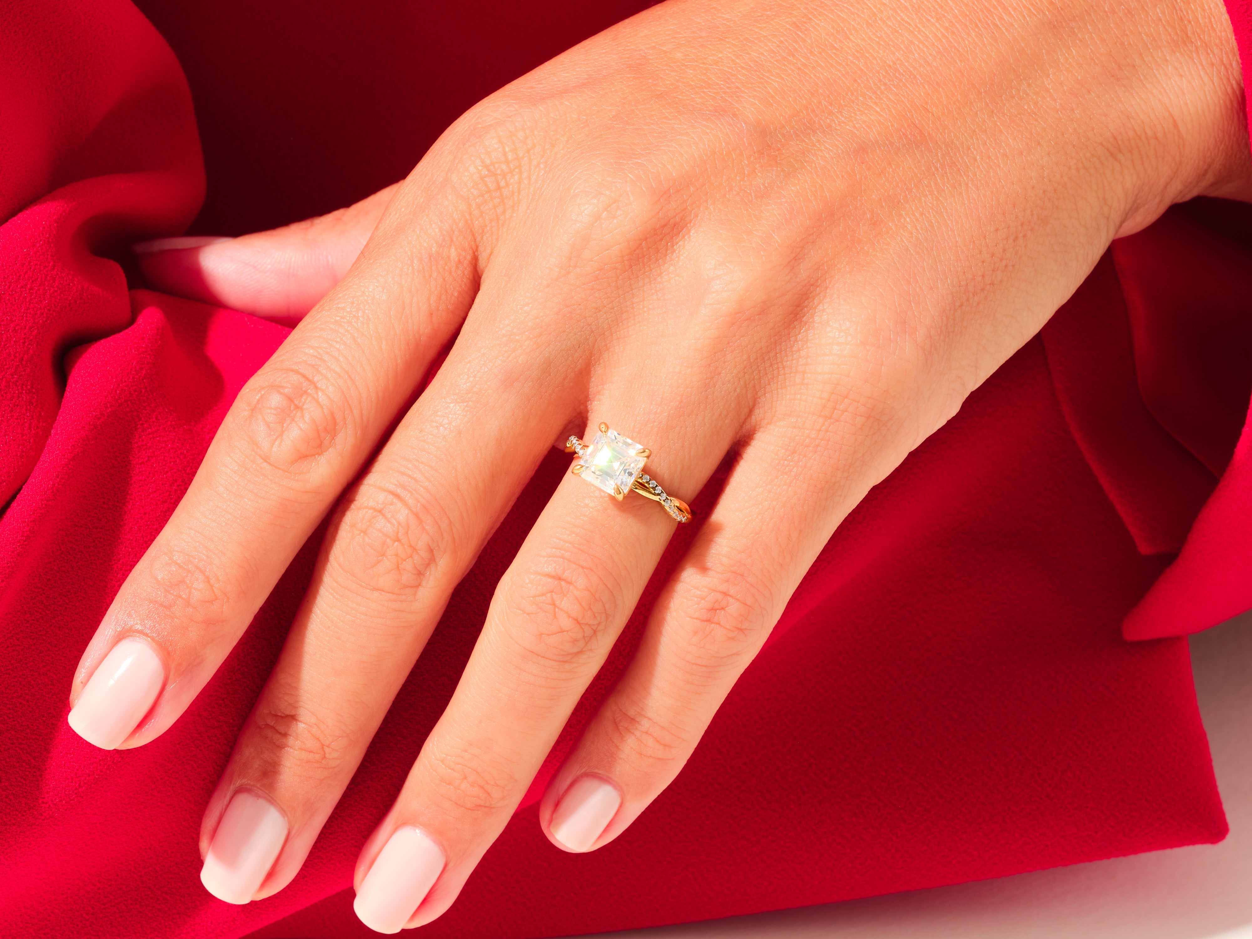 Asscher Twisted Moissanite Engagement Ring with Pave Set Side Stones (3.00 CT)