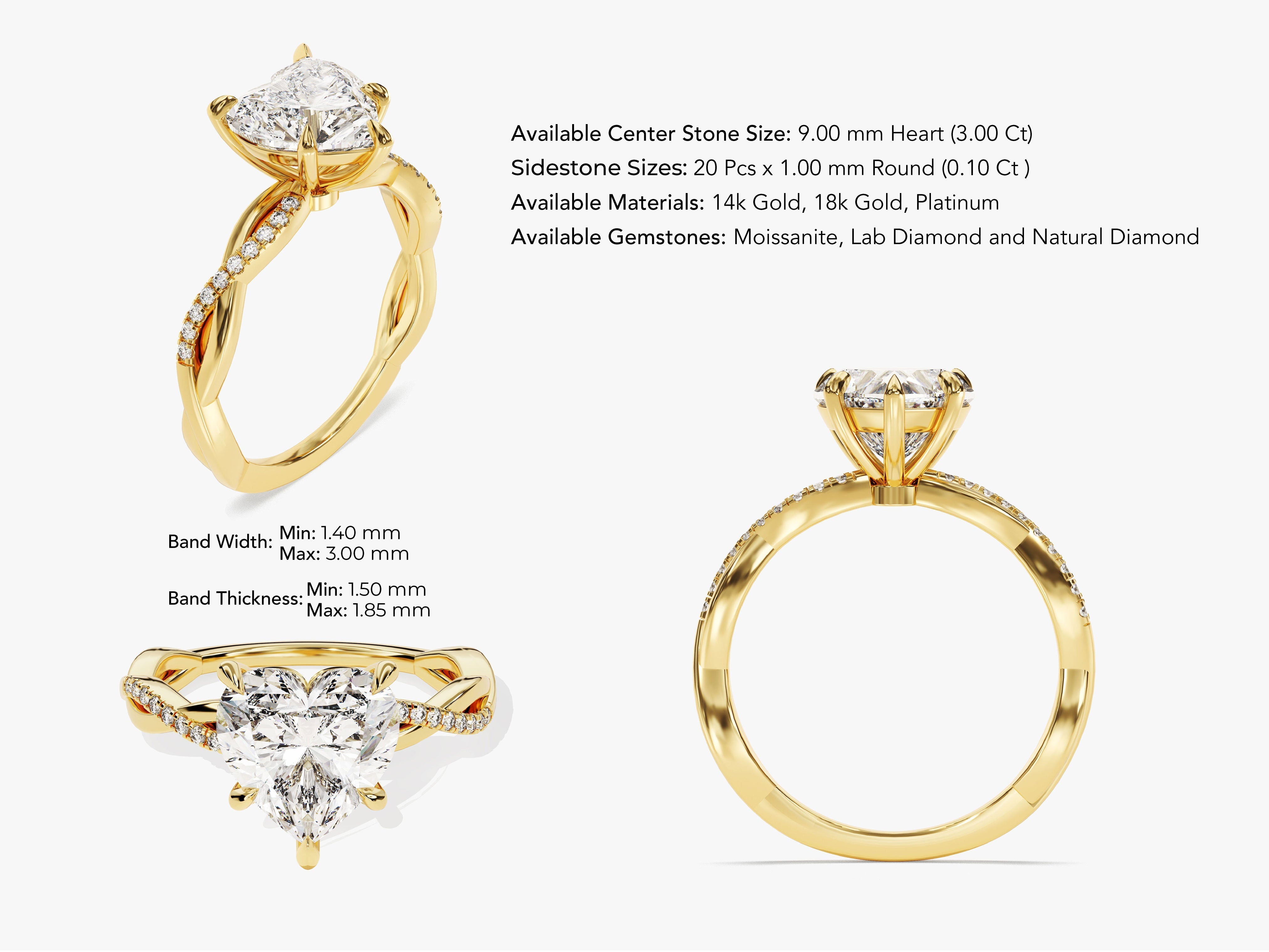 Heart Twisted Lab Grown Diamond Engagement Ring with Pave Set Side Stones (3.00 CT)