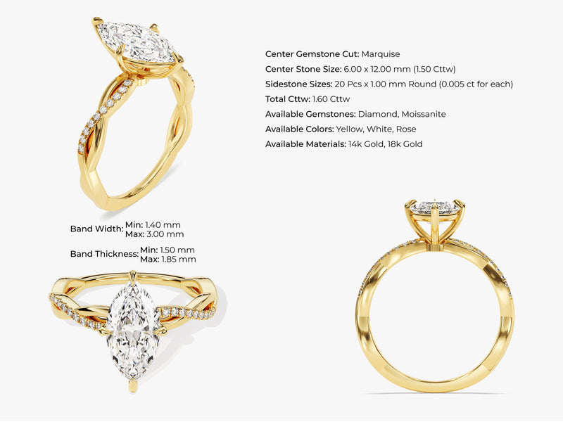 Marquise Twisted Diamond Engagement Ring with Pave Set Side Stones (1.50 CT)