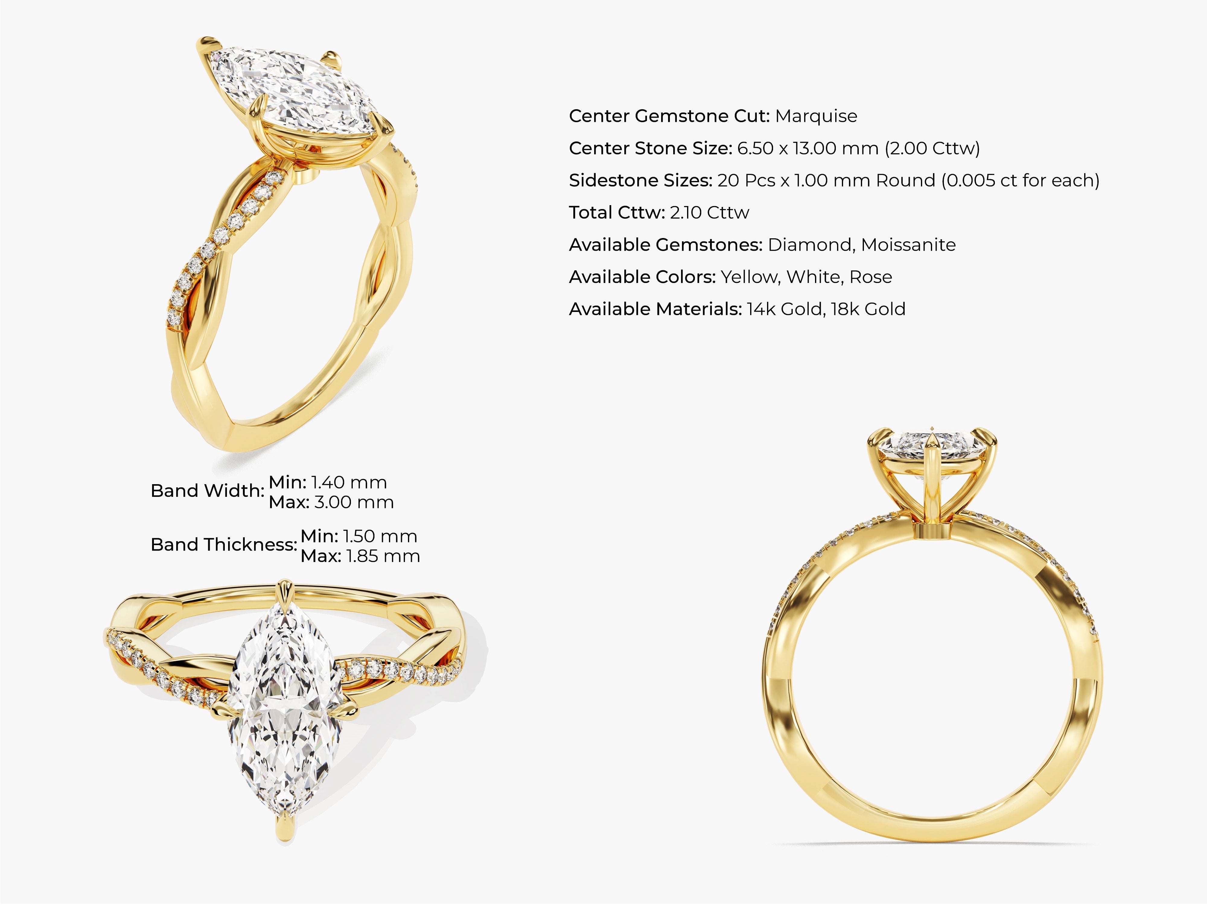 Marquise Twisted Diamond Engagement Ring with Pave Set Side Stones (2.00 CT)