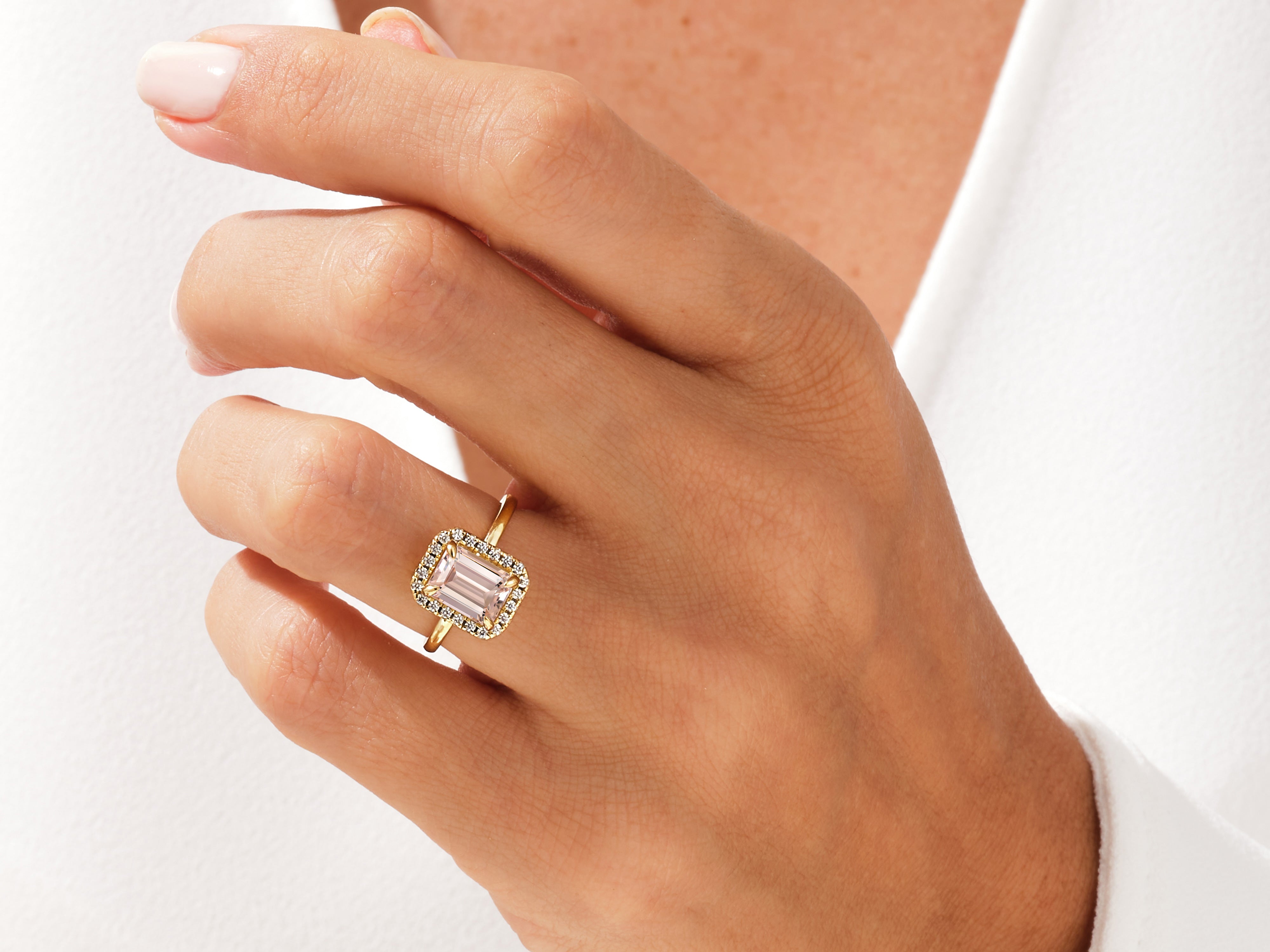 Emerald Cut Peach Morganite Halo Engagement Ring