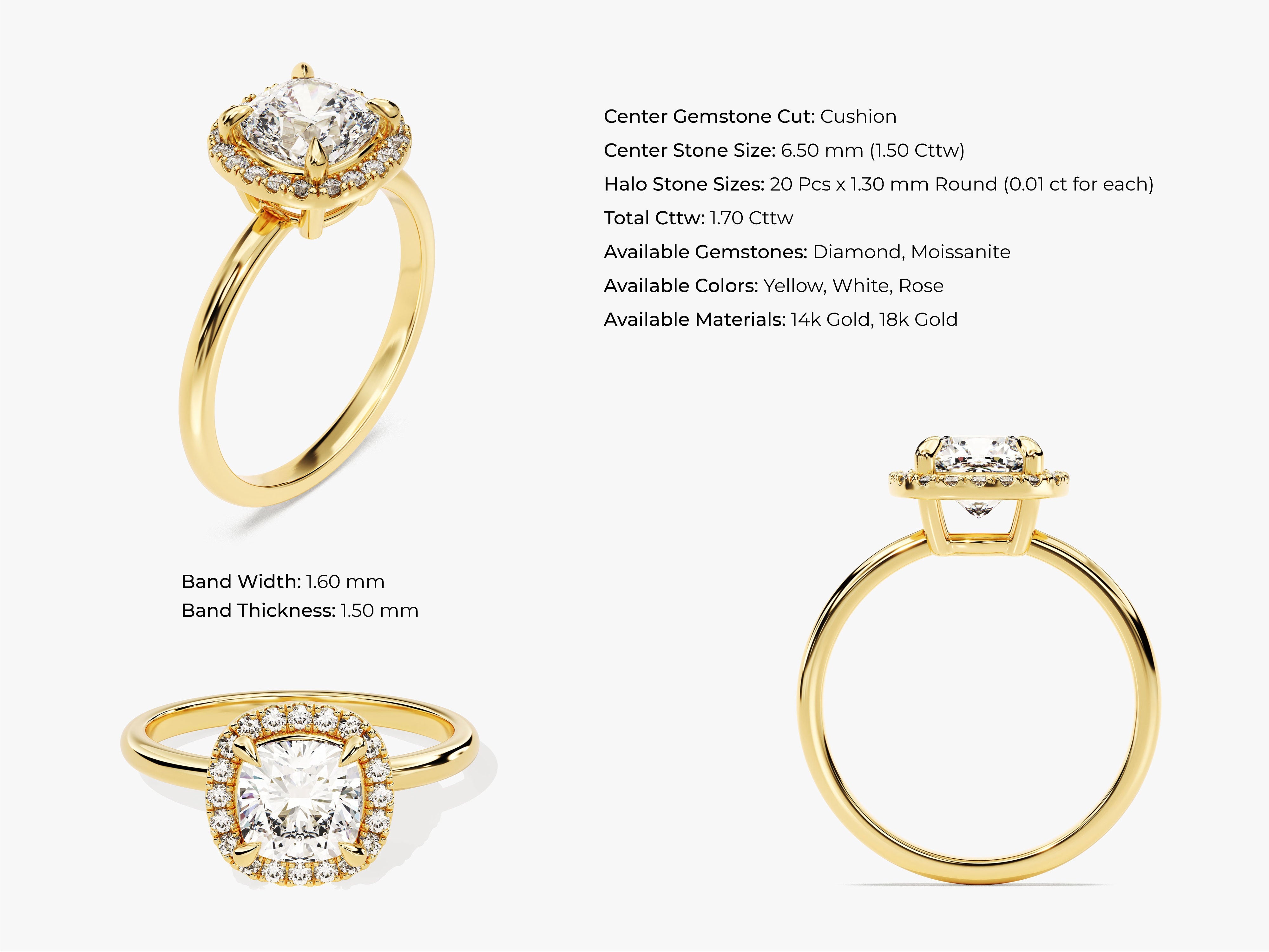 Cushion Halo Moissanite Engagement Ring (1.50 CT)