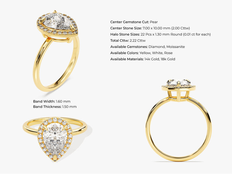 Pear Halo Moissanite Engagement Ring (2.00 CT)