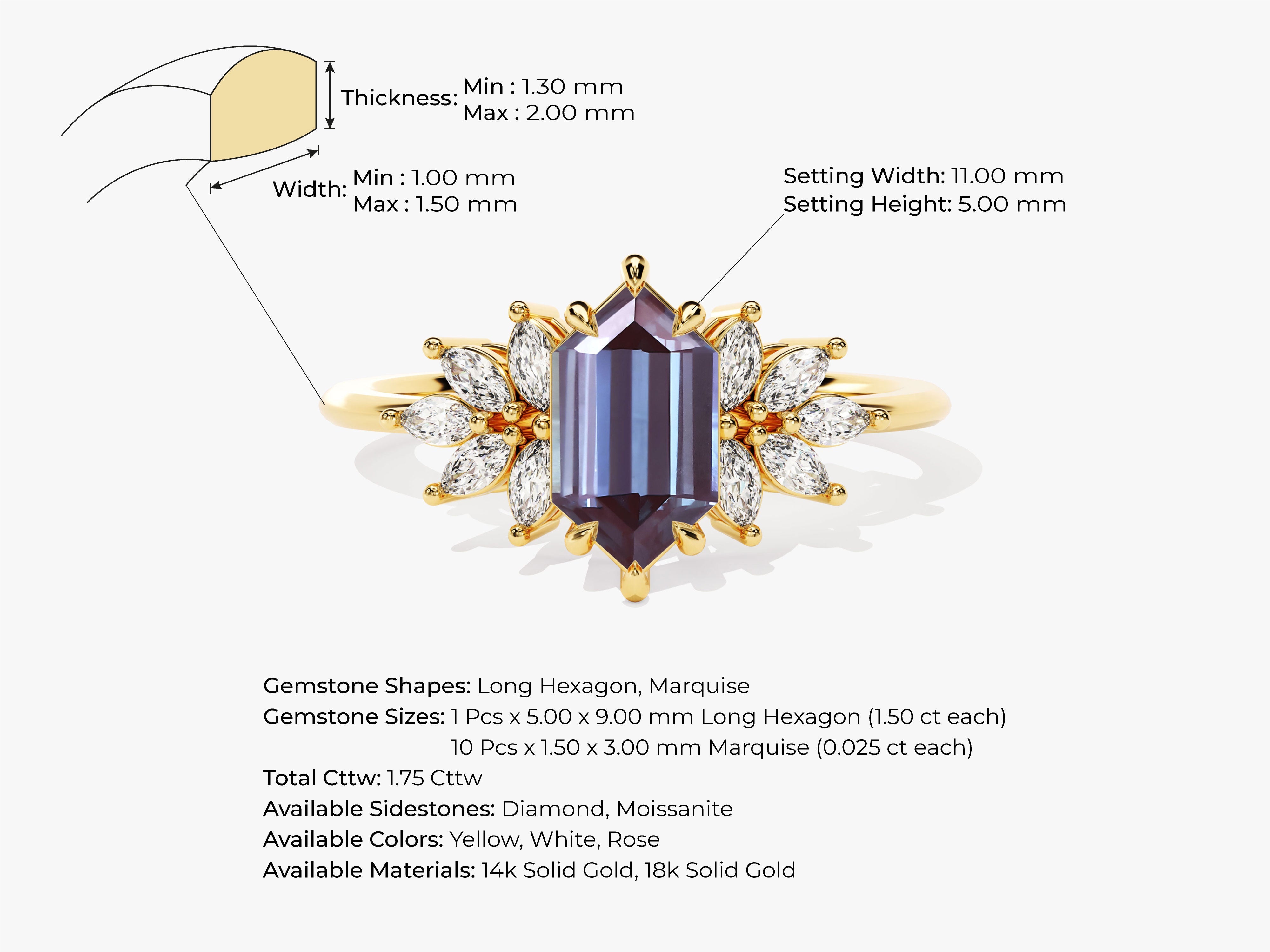 Long Hexagon Lab Alexandrite Engagement Ring with Moissanite Sidestones