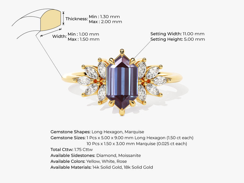 Long Hexagon Lab Alexandrite Engagement Ring with Moissanite Sidestones