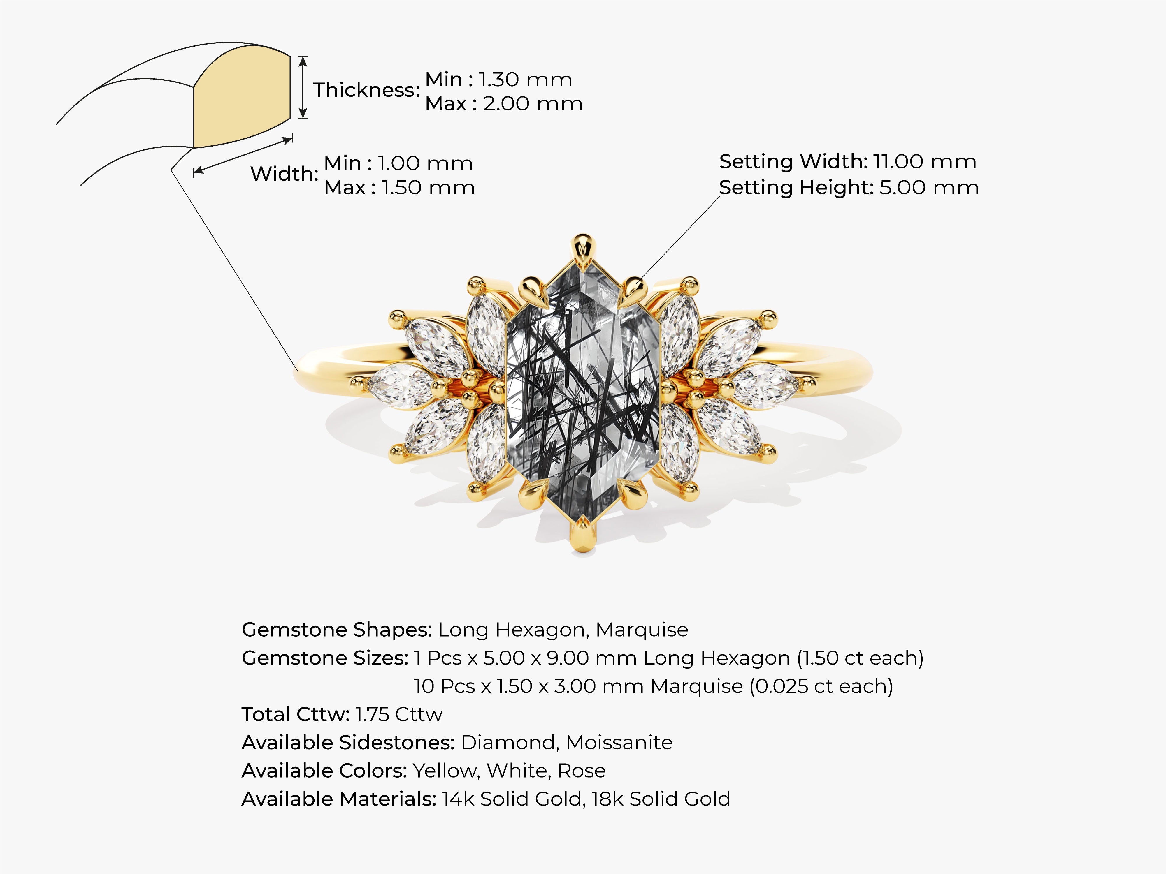 Long Hexagon Black Rutilated Quartz Engagement Ring with Moissanite Sidestones