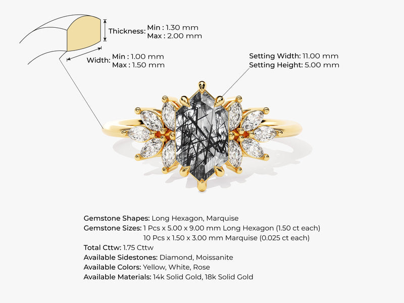 Long Hexagon Black Rutilated Quartz Engagement Ring with Moissanite Sidestones