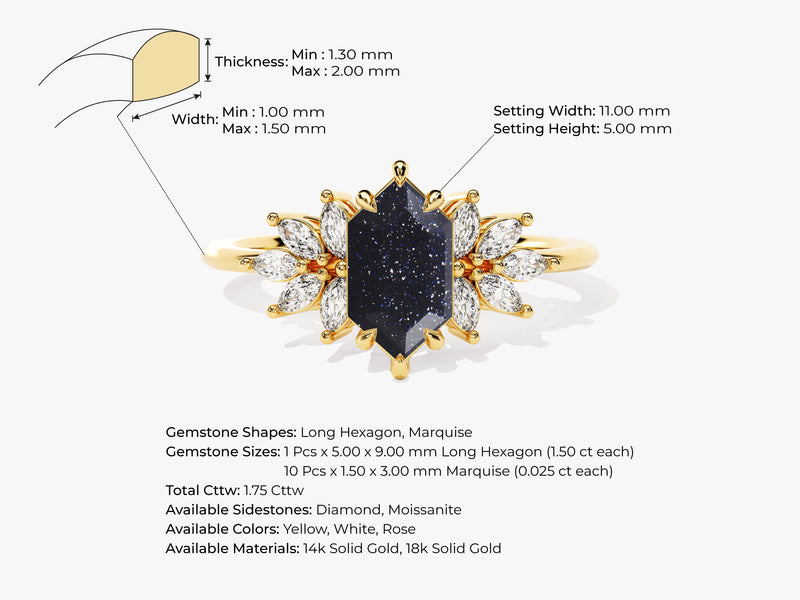 Long Hexagon Blue Sandstone Engagement Ring with Moissanite Sidestones
