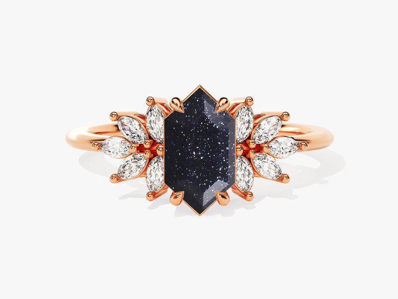 Long Hexagon Blue Sandstone Engagement Ring with Moissanite Sidestones